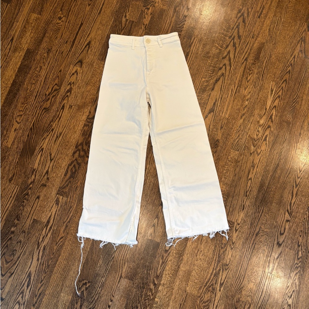 Zara White Wide-Leg Flare Jeans with Frayed Hem